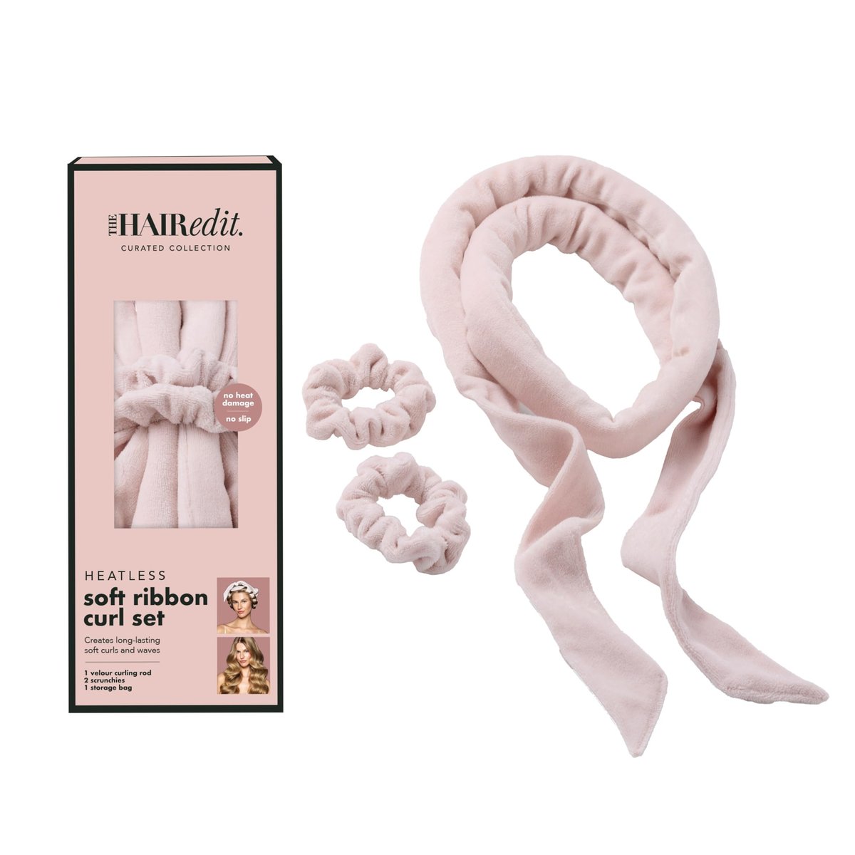 The Hair Edit Heatless Soft Ribbon Curl Set – Overnight Curling Rod with 2 Velour Scrunchies for Damage-Free Curls, No Heat Hair Curler for Women, 69" Long for Long & Medium Hair (Pink, 1.5 Inch) Avelisse