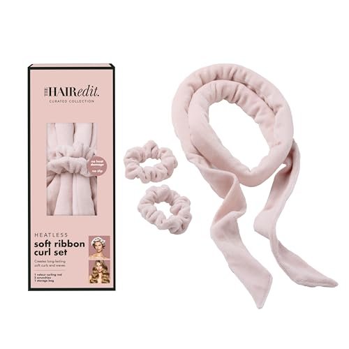 The Hair Edit Heatless Soft Ribbon Curl Set – Overnight Curling Rod with 2 Velour Scrunchies for Damage-Free Curls, No Heat Hair Curler for Women, 69" Long for Long & Medium Hair (Pink, 1.5 Inch) Avelisse