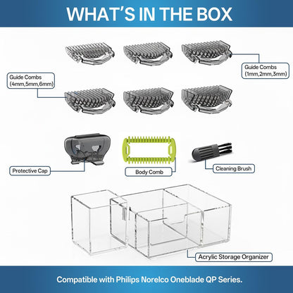 KIONCARE Guards Kit Plus for Philips Norelco OneBlade – 6 Size Guide Combs, Replacement Body Comb, Protective Cap & Organizer Stand