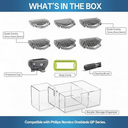 KIONCARE Guards Kit Plus for Philips Norelco OneBlade – 6 Size Guide Combs, Replacement Body Comb, Protective Cap & Organizer Stand