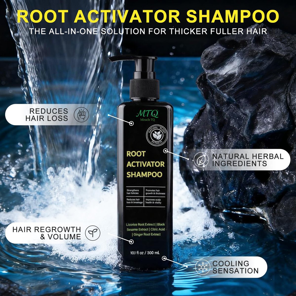 Miracle TQ Root Activator Shampoo for Men & Women - Anti Hair Loss & Hair Regrowth with Natural Herbal Ingredients & Biotin - Scalp Health & Cooling Sensation, 10.1 Fl Oz Avelisse