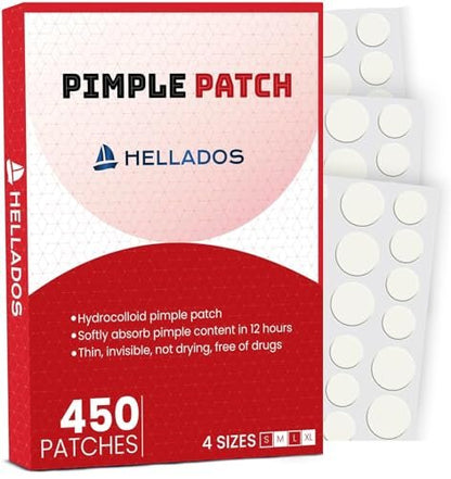 Hellados™ 450 Pimple Patches for Face – 4 Sizes Acne Patches with Tea Tree & Calendula Oil, Hydrocolloid Zit Patches & Blemish Spot Stickers