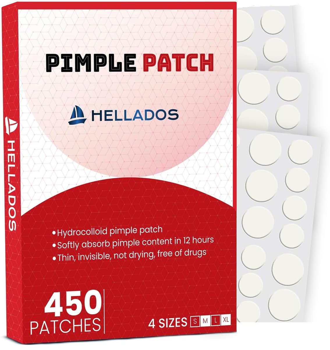 Hellados™ 450 Pimple Patches for Face – 4 Sizes Acne Patches with Tea Tree & Calendula Oil, Hydrocolloid Zit Patches & Blemish Spot Stickers - görsel 1