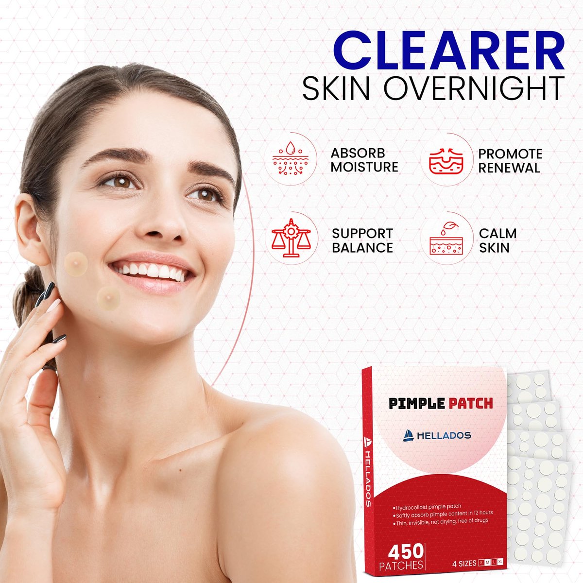 Hellados™ 450 Pimple Patches for Face – 4 Sizes Acne Patches with Tea Tree & Calendula Oil, Hydrocolloid Zit Patches & Blemish Spot Stickers - görsel 9