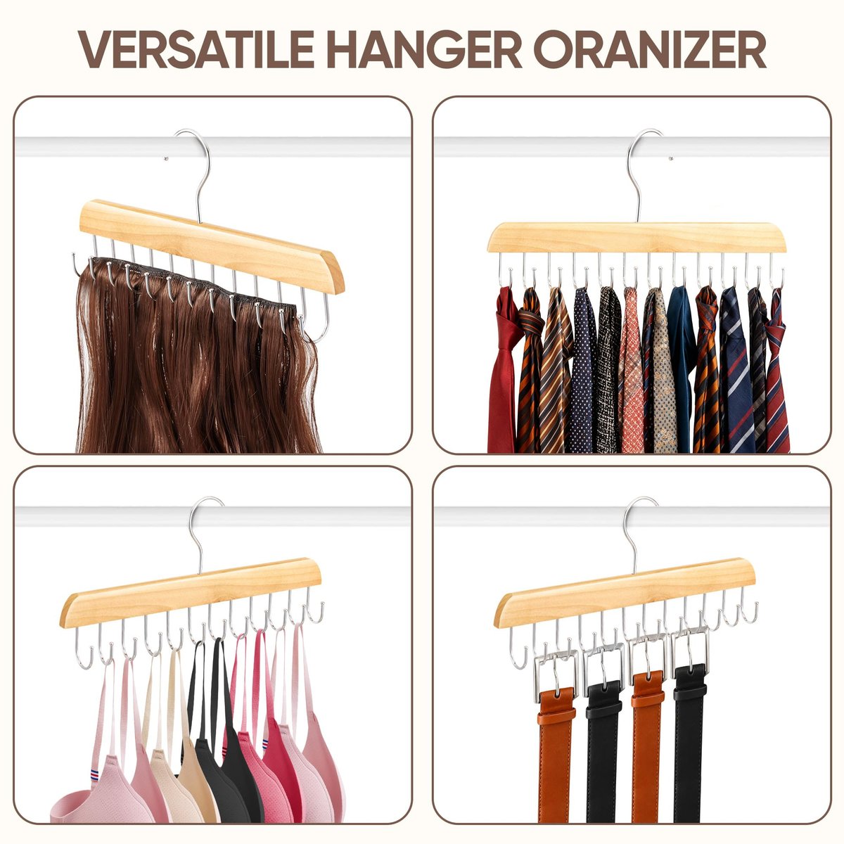 2 Pack Wood Hair Extension Holder for Storing, Washing, Drying, Coloring, Styling - Foldable Hair Extension Hanger with Rotating Multi-Purpose Hooks - görsel 11