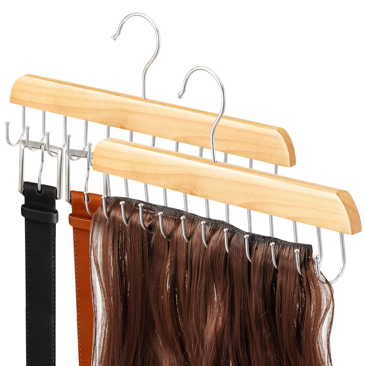 2 Pack Wood Hair Extension Holder for Storing, Washing, Drying, Coloring, Styling - Foldable Hair Extension Hanger with Rotating Multi-Purpose Hooks - görsel 1