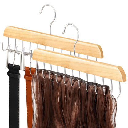 2 Pack Wood Hair Extension Holder for Storing, Washing, Drying, Coloring, Styling - Foldable Hair Extension Hanger with Rotating Multi-Purpose Hooks
