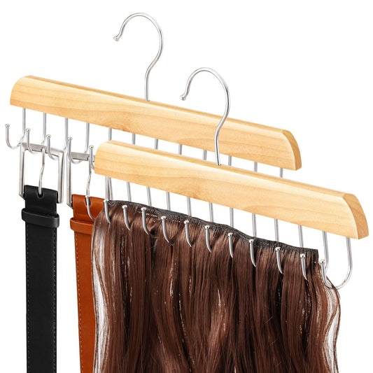 2 Pack Wood Hair Extension Holder for Storing, Washing, Drying, Coloring, Styling - Foldable Hair Extension Hanger with Rotating Multi-Purpose Hooks