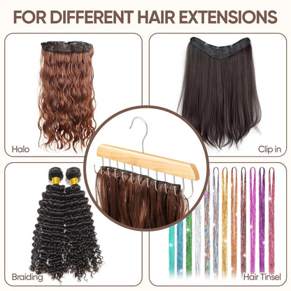 2 Pack Wood Hair Extension Holder for Storing, Washing, Drying, Coloring, Styling - Foldable Hair Extension Hanger with Rotating Multi-Purpose Hooks