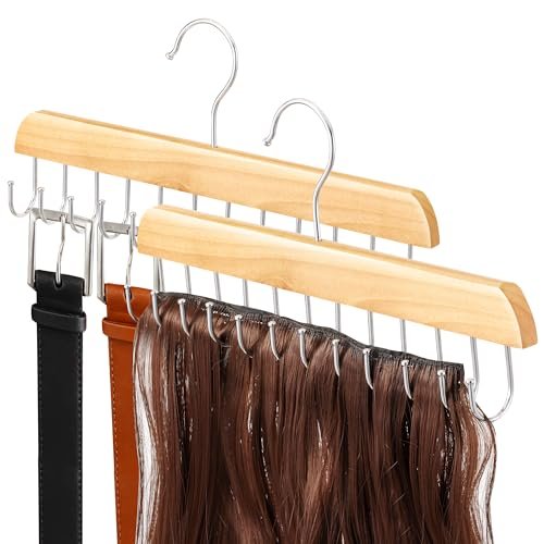 2 Pack Wood Hair Extension Holder for Storing, Washing, Drying, Coloring, Styling - Foldable Hair Extension Hanger with Rotating Multi-Purpose Hooks - görsel 2