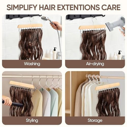 2 Pack Wood Hair Extension Holder for Storing, Washing, Drying, Coloring, Styling - Foldable Hair Extension Hanger with Rotating Multi-Purpose Hooks