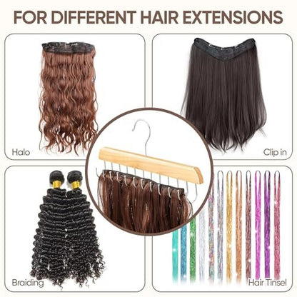 2 Pack Wood Hair Extension Holder for Storing, Washing, Drying, Coloring, Styling - Foldable Hair Extension Hanger with Rotating Multi-Purpose Hooks