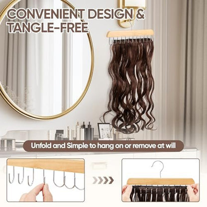 2 Pack Wood Hair Extension Holder for Storing, Washing, Drying, Coloring, Styling - Foldable Hair Extension Hanger with Rotating Multi-Purpose Hooks