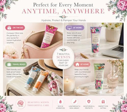 Laura Ashley Hand Cream Set - 7 Piece Hand Lotion Collection for Women, Travel Size Moisturizing Lotion for Dry Skin with Rose, Lavender, Magnolia & Floral Scents - 30ml Each