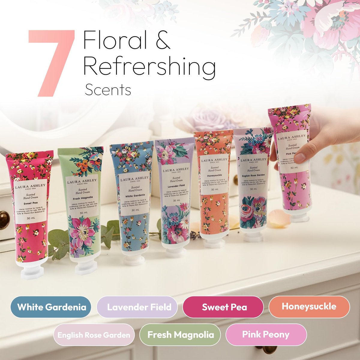 Laura Ashley Hand Cream Set - 7 Piece Hand Lotion Collection for Women, Travel Size Moisturizing Lotion for Dry Skin with Rose, Lavender, Magnolia & Floral Scents - 30ml Each - görsel 3
