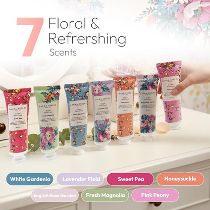 Laura Ashley Hand Cream Set - 7 Piece Hand Lotion Collection for Women, Travel Size Moisturizing Lotion for Dry Skin with Rose, Lavender, Magnolia & Floral Scents - 30ml Each
