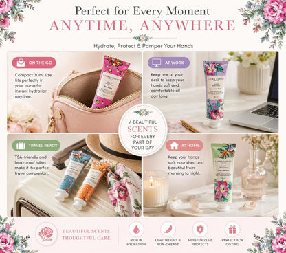 Laura Ashley Hand Cream Set - 7 Piece Hand Lotion Collection for Women, Travel Size Moisturizing Lotion for Dry Skin with Rose, Lavender, Magnolia & Floral Scents - 30ml Each