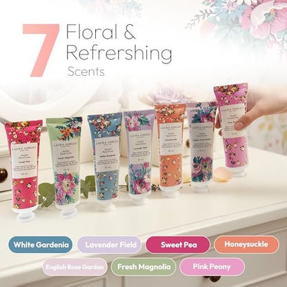 Laura Ashley Hand Cream Set - 7 Piece Hand Lotion Collection for Women, Travel Size Moisturizing Lotion for Dry Skin with Rose, Lavender, Magnolia & Floral Scents - 30ml Each