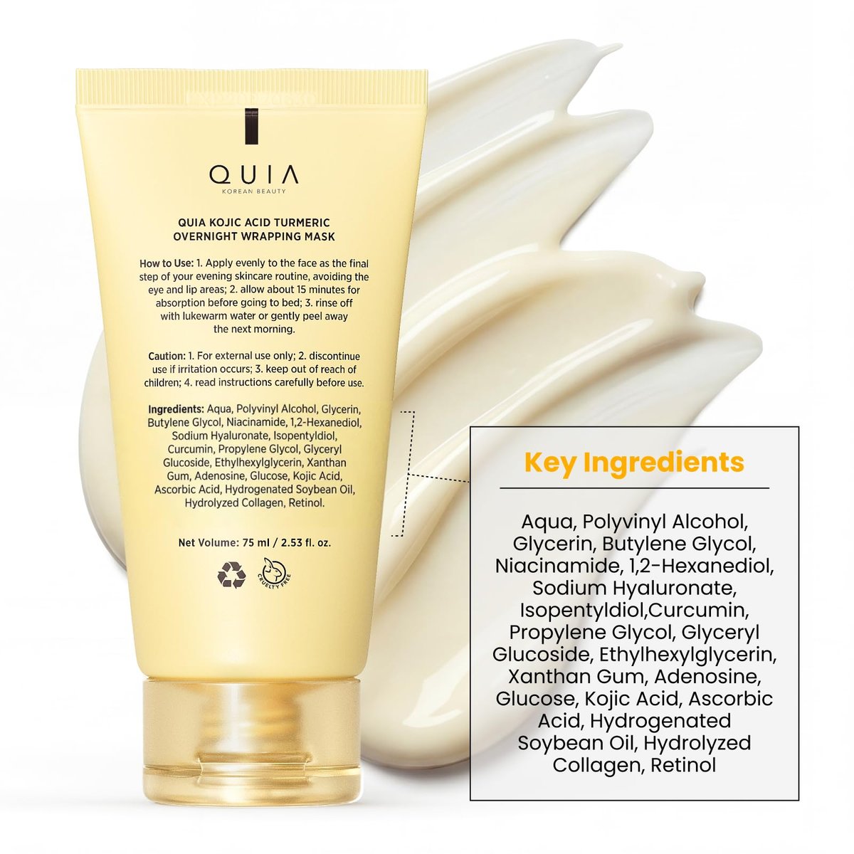QUIA Turmeric + Kojic Acid Overnight Wrapping Mask – Hydrating Korean Face Mask for Glowing Skin, Even Tone & Improved Texture, 2.53 Fl Oz Avelisse