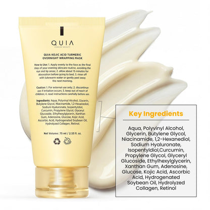 QUIA Turmeric + Kojic Acid Overnight Wrapping Mask – Hydrating Korean Face Mask for Glowing Skin, Even Tone & Improved Texture, 2.53 Fl Oz Avelisse