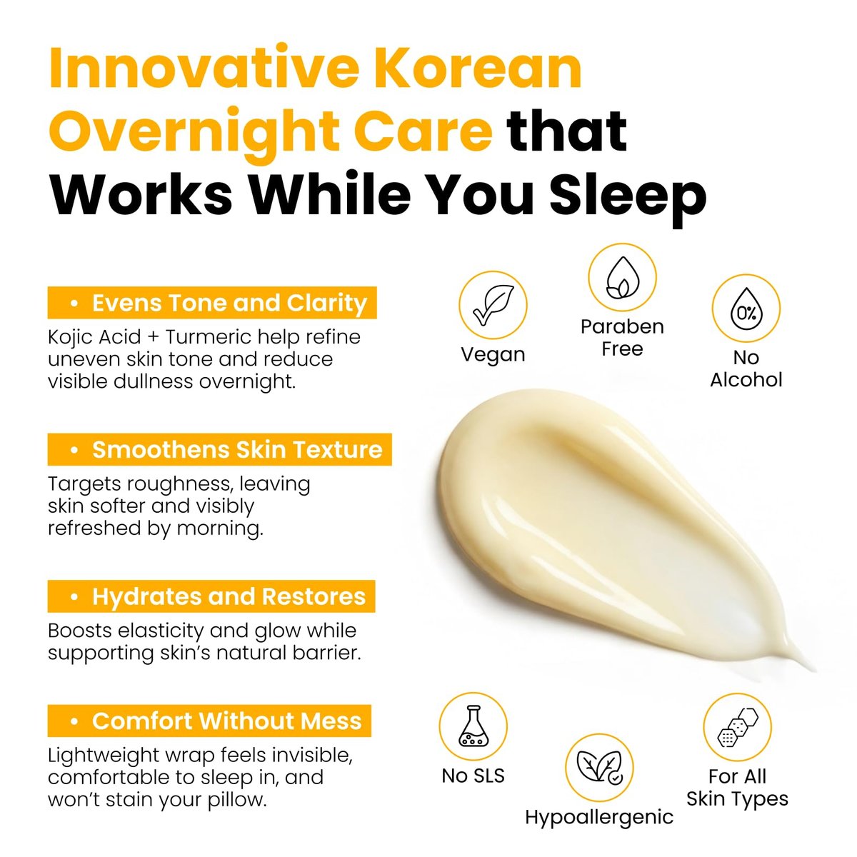 QUIA Turmeric + Kojic Acid Overnight Wrapping Mask – Hydrating Korean Face Mask for Glowing Skin, Even Tone & Improved Texture, 2.53 Fl Oz Avelisse