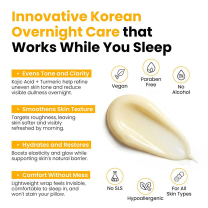 QUIA Turmeric + Kojic Acid Overnight Wrapping Mask – Hydrating Korean Face Mask for Glowing Skin, Even Tone & Improved Texture, 2.53 Fl Oz Avelisse
