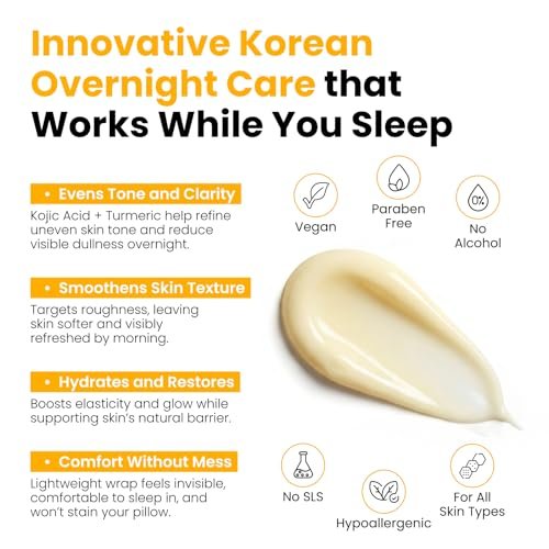 QUIA Turmeric + Kojic Acid Overnight Wrapping Mask – Hydrating Korean Face Mask for Glowing Skin, Even Tone & Improved Texture, 2.53 Fl Oz Avelisse