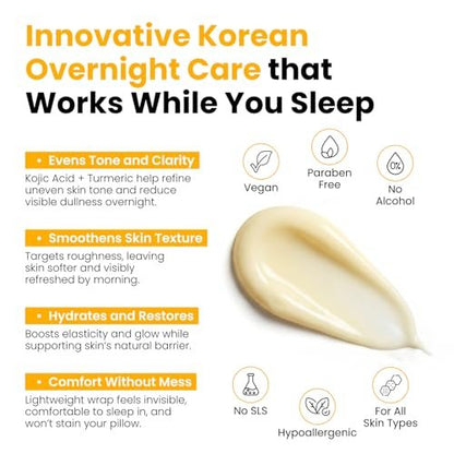QUIA Turmeric + Kojic Acid Overnight Wrapping Mask – Hydrating Korean Face Mask for Glowing Skin, Even Tone & Improved Texture, 2.53 Fl Oz Avelisse