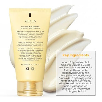 QUIA Turmeric + Kojic Acid Overnight Wrapping Mask – Hydrating Korean Face Mask for Glowing Skin, Even Tone & Improved Texture, 2.53 Fl Oz Avelisse