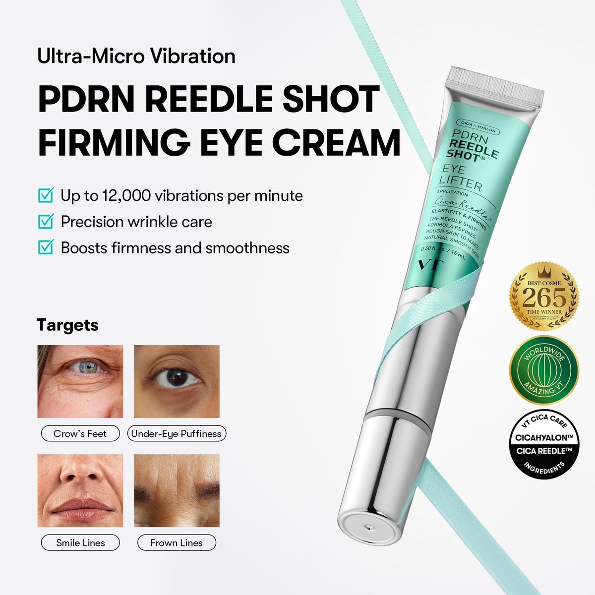 VT COSMETICS PDRN Reedle Shot Firming Eye Cream – Ultra-Micro Vibration Eye Cream for Firming & Elasticity, Targeted Wrinkle Care, PDRN Collagen, Korean Skincare (0.51 fl oz / 15ml) Avelisse