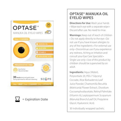 Optase Manuka Oil Eyelid Wipes – 30 Count, Preservative-Free Daily Eyelid Cleansing Wipes for Hygiene and Comfort