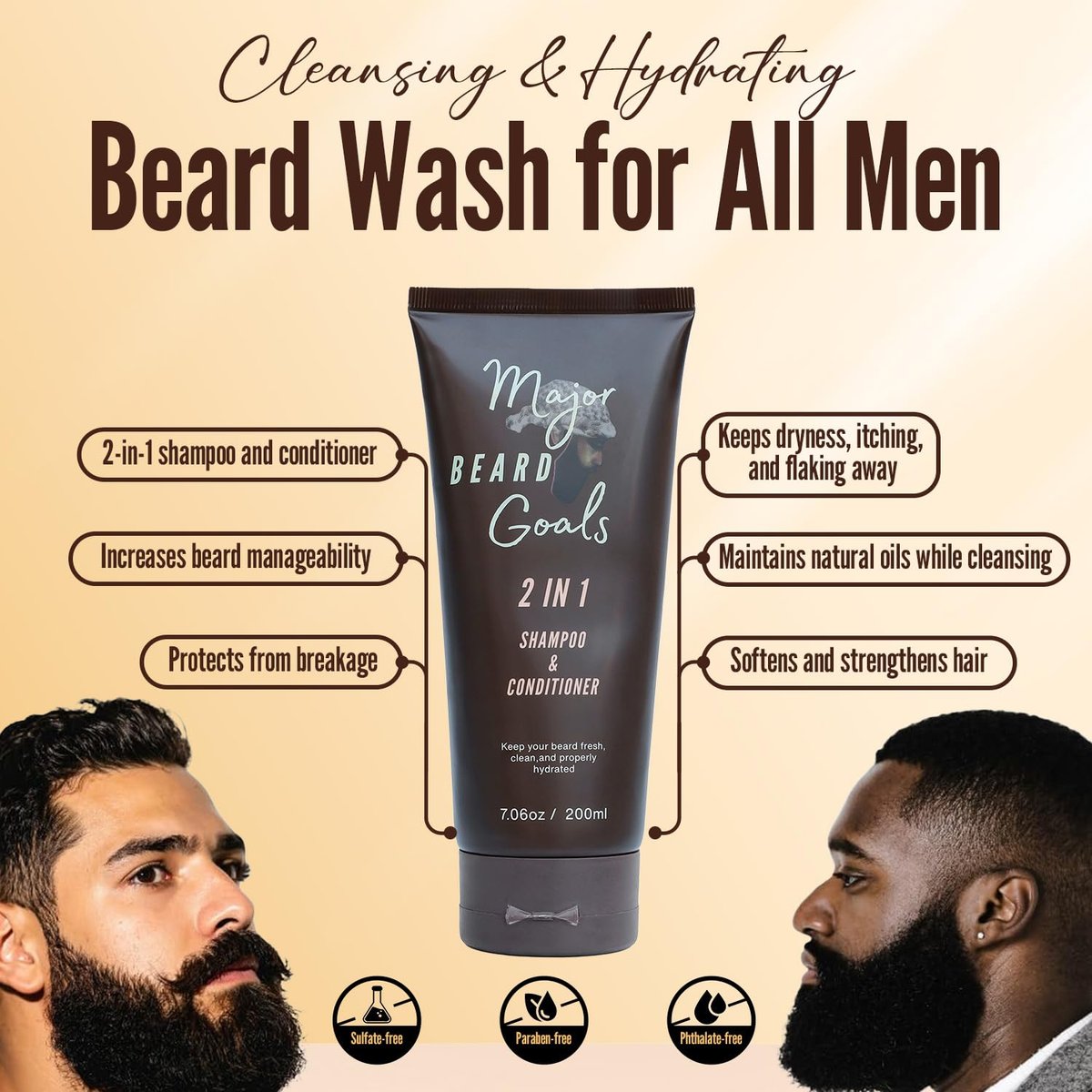 Major Beard Goals 2-in-1 Beard Wash & Conditioner for Men – Gentle Beard Shampoo & Conditioner for Soft, Hydrated, Nourished Facial Hair – Natural Ingredients – 7 oz Avelisse