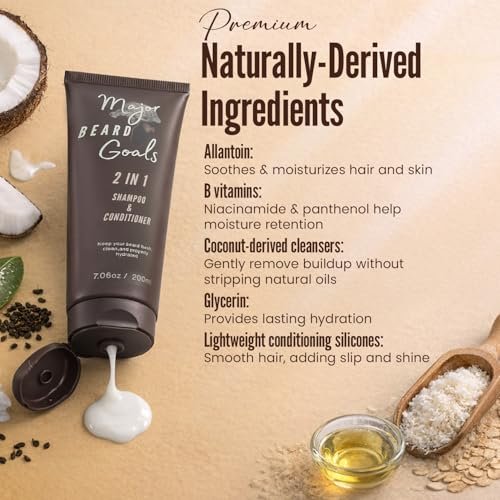 Major Beard Goals 2-in-1 Beard Wash & Conditioner for Men – Gentle Beard Shampoo & Conditioner for Soft, Hydrated, Nourished Facial Hair – Natural Ingredients – 7 oz Avelisse