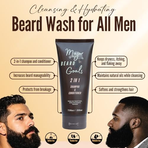 Major Beard Goals 2-in-1 Beard Wash & Conditioner for Men – Gentle Beard Shampoo & Conditioner for Soft, Hydrated, Nourished Facial Hair – Natural Ingredients – 7 oz Avelisse