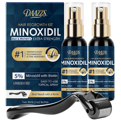 5% Minoxidil Hair Growth for Men and Women: Extra Strength Topical Solution with Biotin - Regrowth Serum for Beard and Scalp, 2-Pack