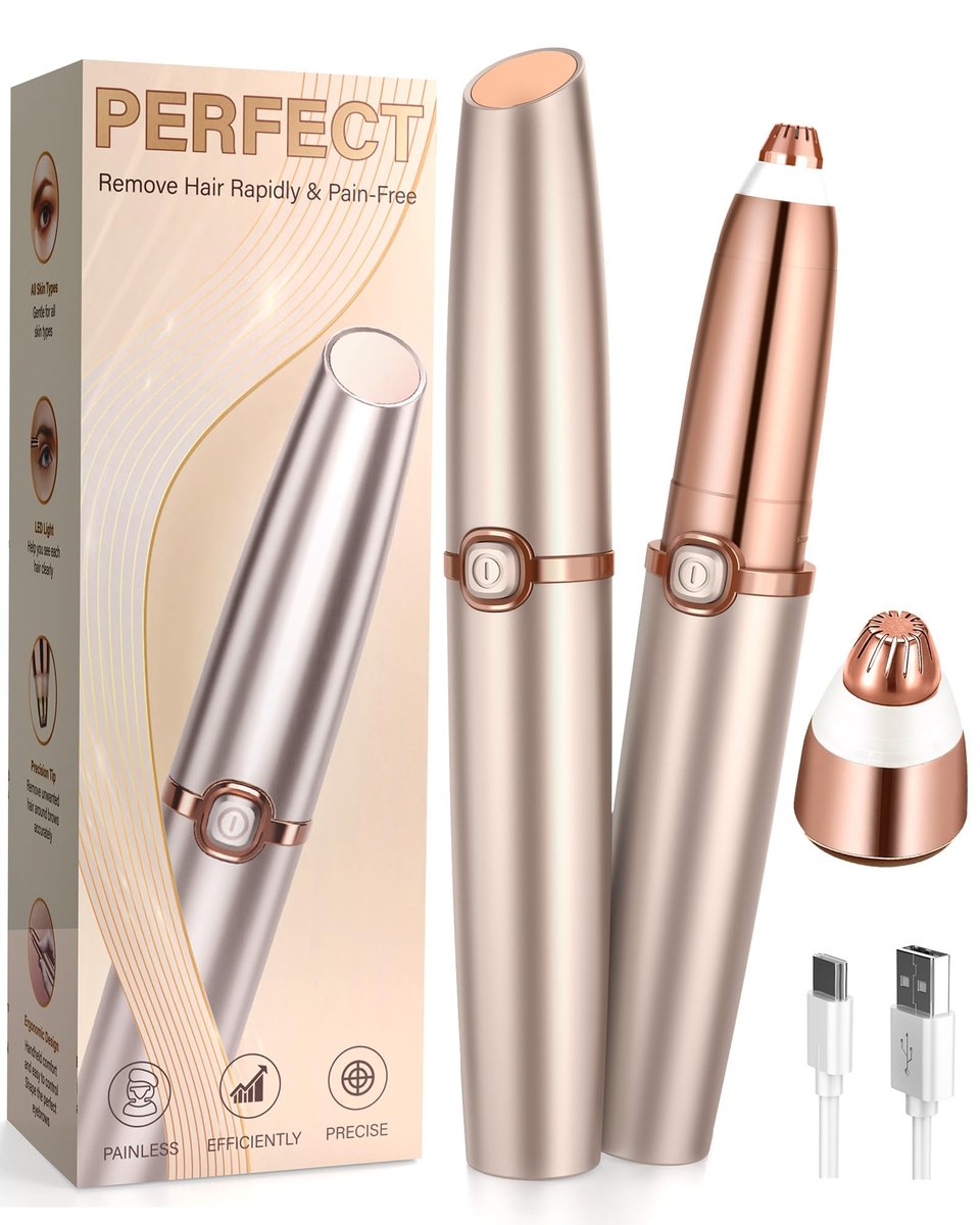 TeethBliss Rechargeable Eyebrow Trimmer for Women – Electric Painless Eyebrow Razor with LED Light & 2 Replacement Heads, Facial Hair Remover for Eyebrows, Lips, Face (Light Gold) Avelisse
