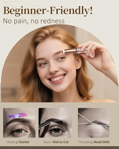 TeethBliss Rechargeable Eyebrow Trimmer for Women – Electric Painless Eyebrow Razor with LED Light & 2 Replacement Heads, Facial Hair Remover for Eyebrows, Lips, Face (Light Gold) Avelisse