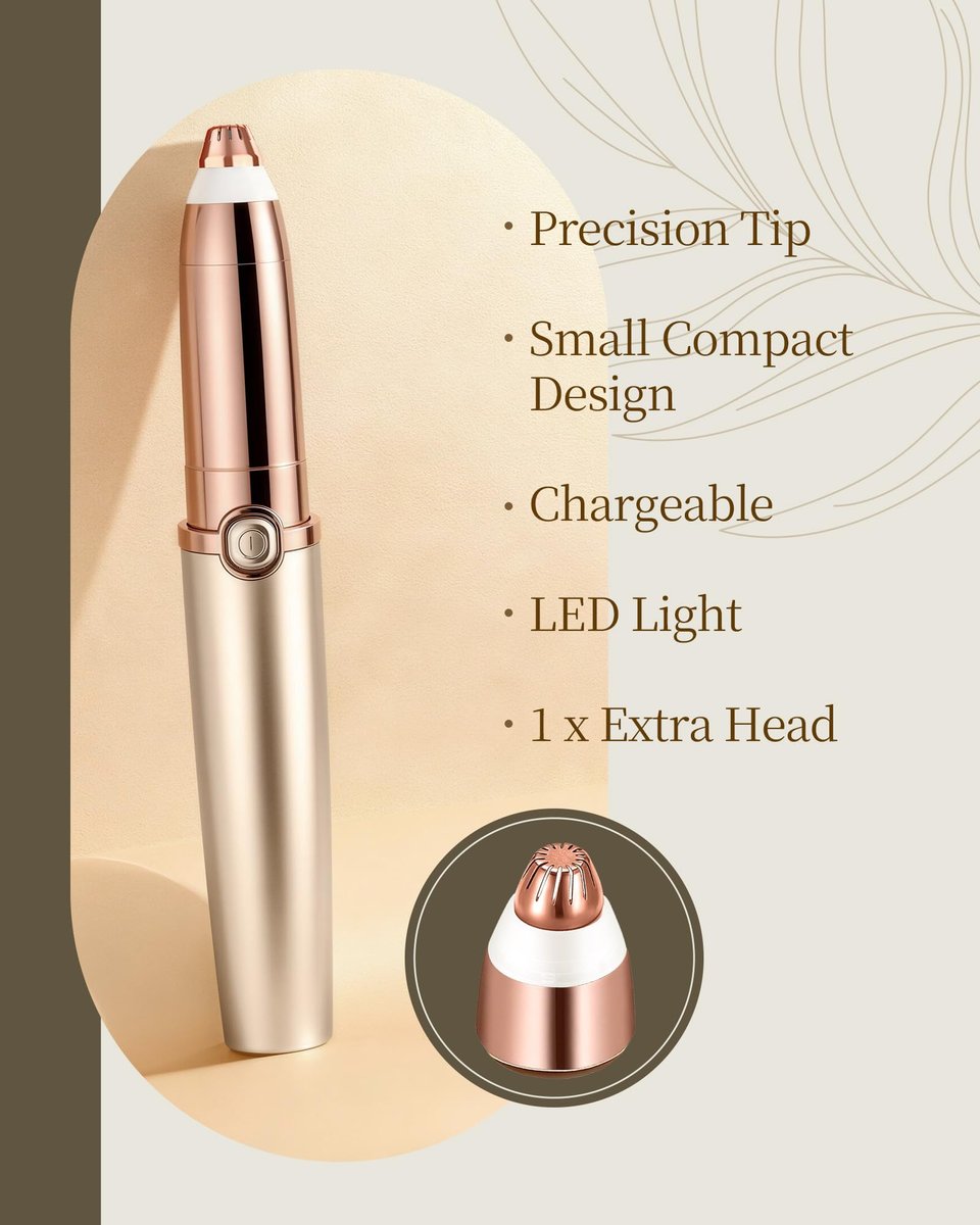 TeethBliss Rechargeable Eyebrow Trimmer for Women – Electric Painless Eyebrow Razor with LED Light & 2 Replacement Heads, Facial Hair Remover for Eyebrows, Lips, Face (Light Gold) Avelisse
