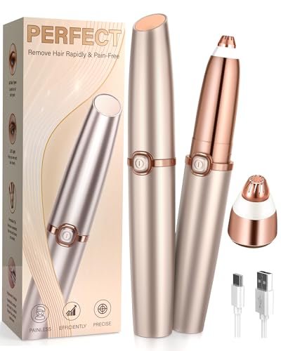 TeethBliss Rechargeable Eyebrow Trimmer for Women – Electric Painless Eyebrow Razor with LED Light & 2 Replacement Heads, Facial Hair Remover for Eyebrows, Lips, Face (Light Gold) Avelisse