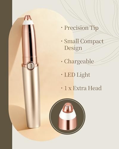 TeethBliss Rechargeable Eyebrow Trimmer for Women – Electric Painless Eyebrow Razor with LED Light & 2 Replacement Heads, Facial Hair Remover for Eyebrows, Lips, Face (Light Gold) Avelisse