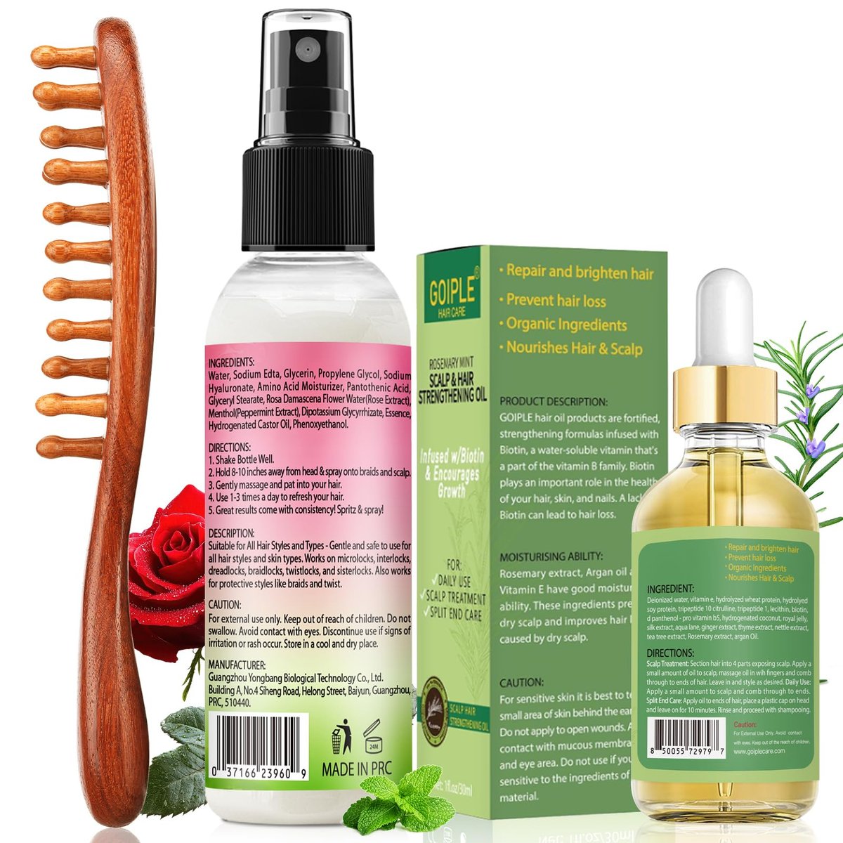Rose Water Hair Loc Spray Refreshing for Locs – Hydrating Scalp Moisturizer with Dreadlock Brush, Wide Tooth Comb & Rosemary Oil Set for Hair Growth Avelisse