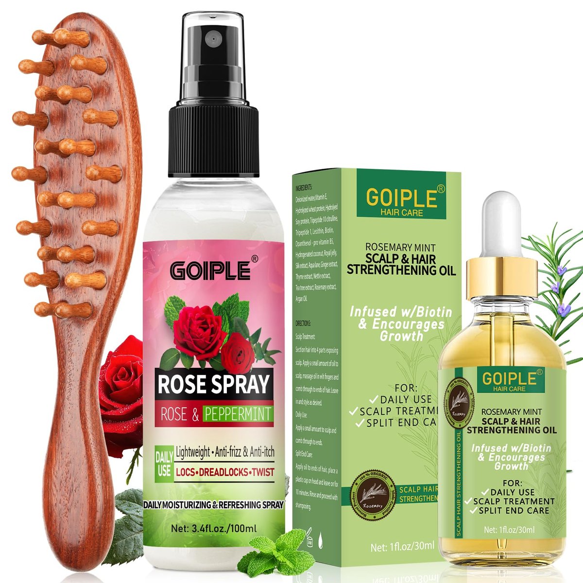 Rose Water Hair Loc Spray Refreshing for Locs – Hydrating Scalp Moisturizer with Dreadlock Brush, Wide Tooth Comb & Rosemary Oil Set for Hair Growth Avelisse