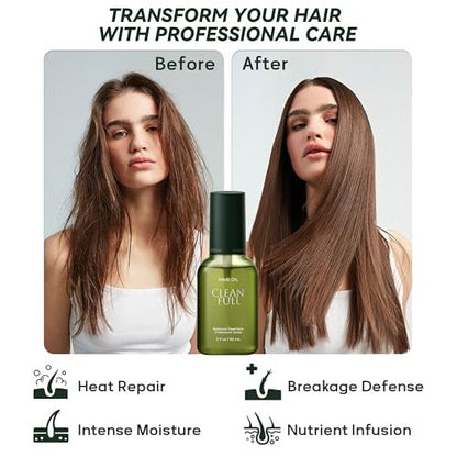 CLEANFULL Botanical Hair Oil for Dry & Damaged Hair – Lightweight Leave-In Serum with Heat Protection, Frizz Control, Shine & Split End Care, Vegan & Cruelty-Free, Paraben & Sulfate Free (2 fl oz) Avelisse