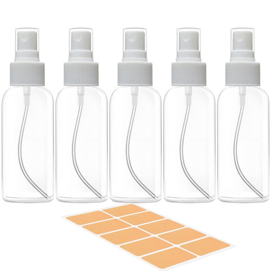 DNSEN 5 Pack 3.4 oz Travel Spray Bottles - TSA Approved Fine Mist Refillable Empty Clear Plastic Bottles with Labels