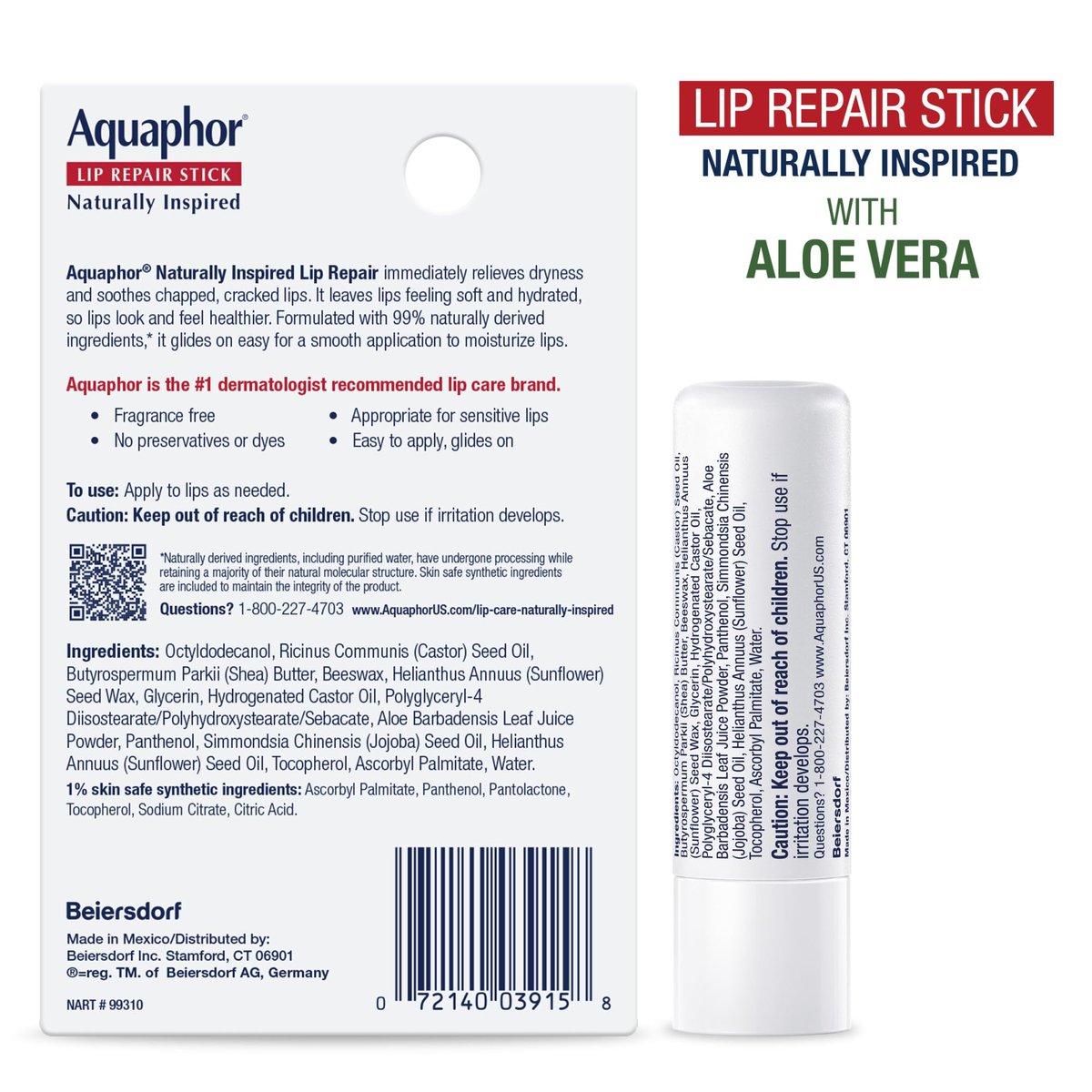 Aquaphor Naturally Inspired Lip Repair Stick Four (4) Pack - Shea Butter, Coconut Oil & Aloe Vera Lip Balm Set Avelisse