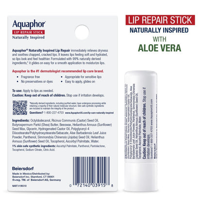 Aquaphor Naturally Inspired Lip Repair Stick Four (4) Pack - Shea Butter, Coconut Oil & Aloe Vera Lip Balm Set Avelisse