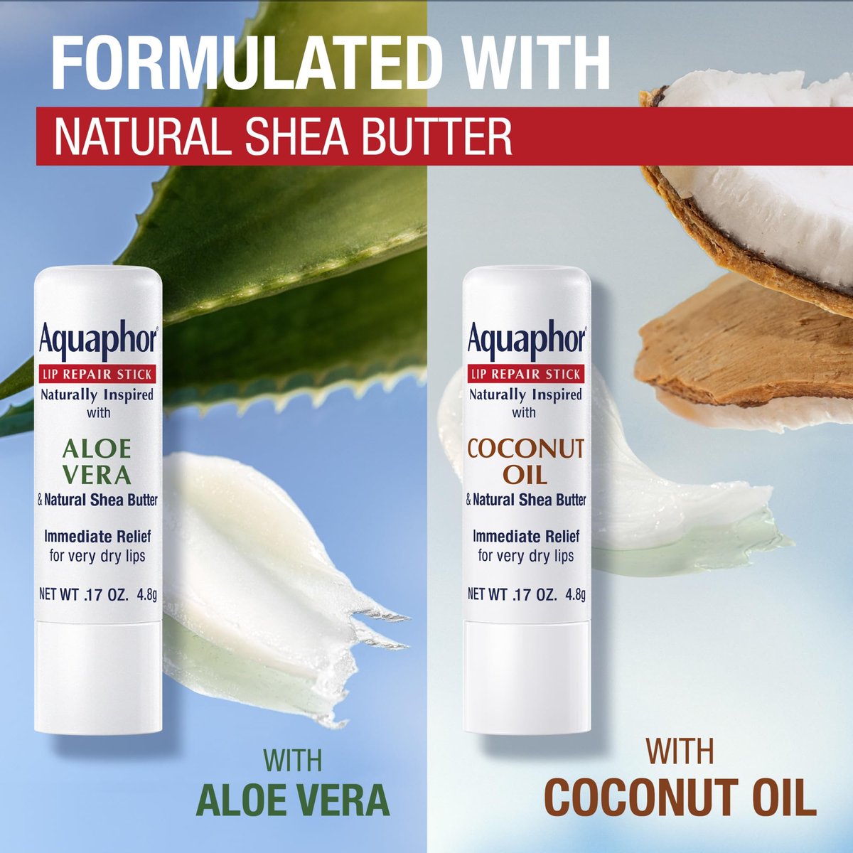 Aquaphor Naturally Inspired Lip Repair Stick Four (4) Pack - Shea Butter, Coconut Oil & Aloe Vera Lip Balm Set Avelisse