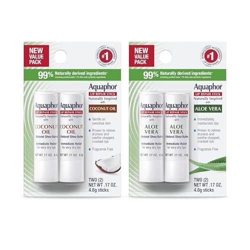 Aquaphor Naturally Inspired Lip Repair Stick Four (4) Pack - Shea Butter, Coconut Oil & Aloe Vera Lip Balm Set Avelisse