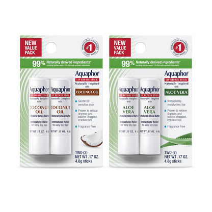 Aquaphor Naturally Inspired Lip Repair Stick Four (4) Pack - Shea Butter, Coconut Oil & Aloe Vera Lip Balm Set Avelisse