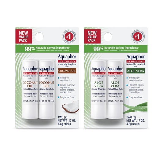 Aquaphor Naturally Inspired Lip Repair Stick Four (4) Pack - Shea Butter, Coconut Oil & Aloe Vera Lip Balm Set Avelisse